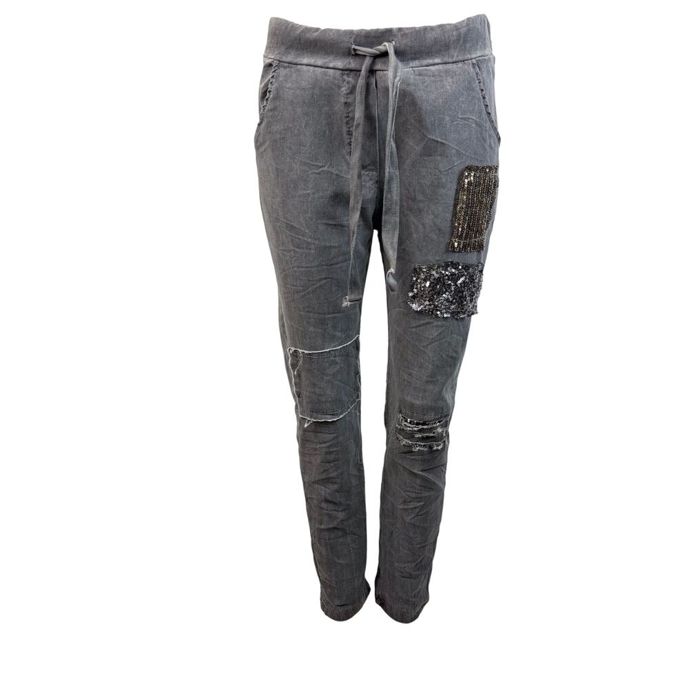 Made In Italy Charcoal Pull On Gray Pants Sequin Patches Wide Drawstring Waist